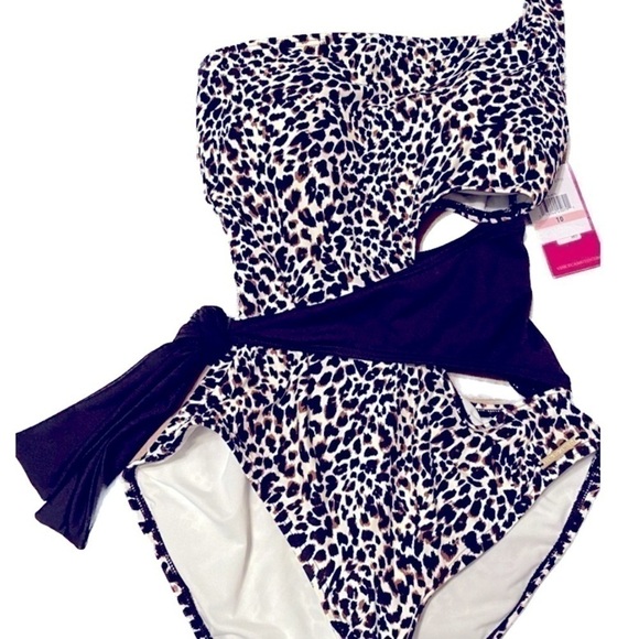 Vince Camuto Animal Print Plunging Belted One Piece Swimsuit Swimwear 10 New - Picture 3 of 4